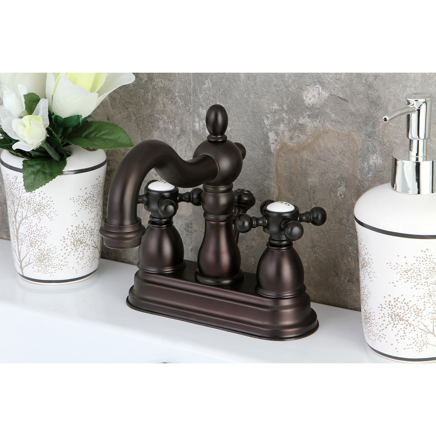 Kingston Heirloom KB1605BX - Heritage Double-Handle 3-Hole Deck Mount 4-Inch Centerset Bathroom Faucet with Pop-Up Drain, Oil Rubbed Bronze — thumbnail 2
